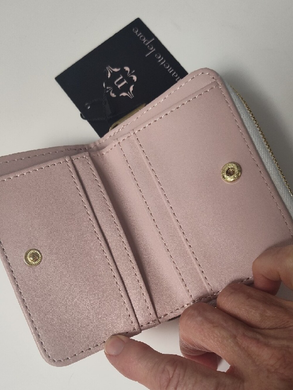 Nanette Lepore Pink and White Striped Zip-Around Wallet with Gold Logo - Picture 4 of 6